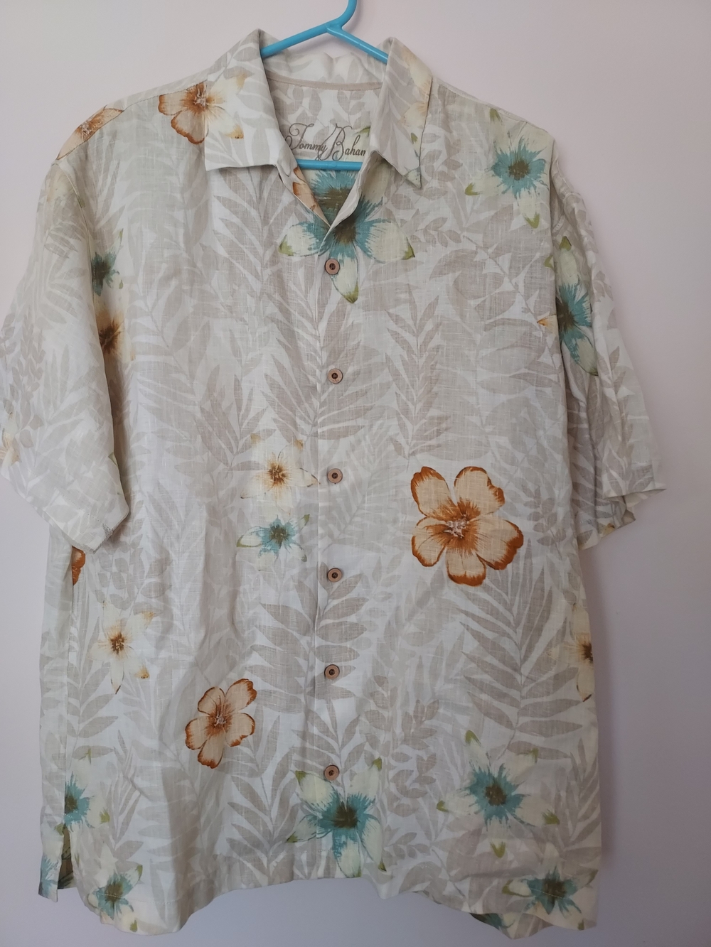 Tommy Bahama Large Linen Cream Tropical Floral Short-Sleeve Button-Down Vacation